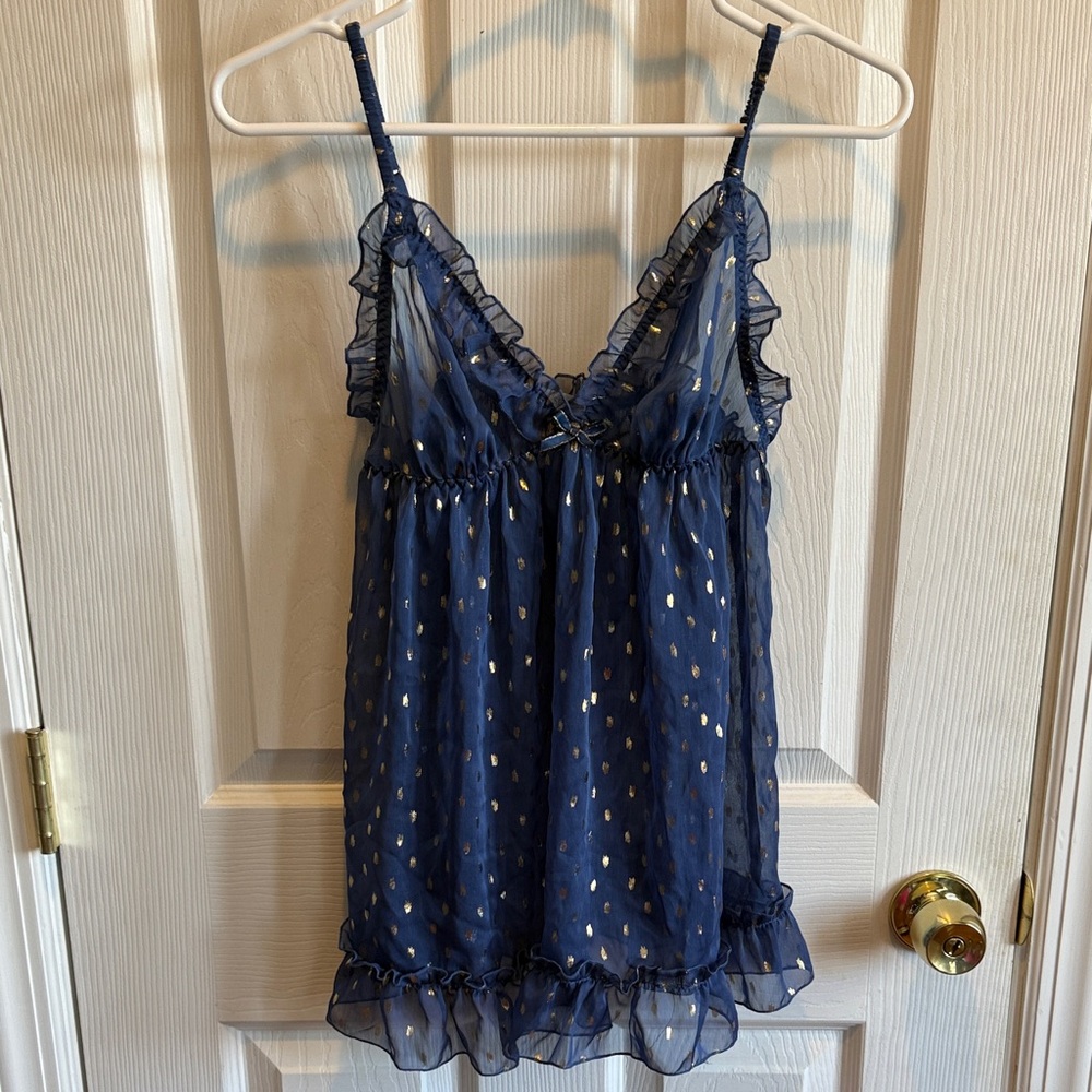 Victoria’s Secret Sheer Navy Blue and Gold Polka Dot lingerie with panty